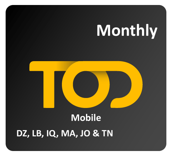 TOD Mobile Monthly Subscription Algeria - Lebanon - Iraq - Morocco - Jordan – Tunisia ( Tier 2)