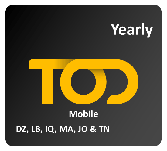 TOD Mobile Yearly Subscription Algeria - Lebanon - Iraq - Morocco - Jordan – Tunisia ( Tier 2)